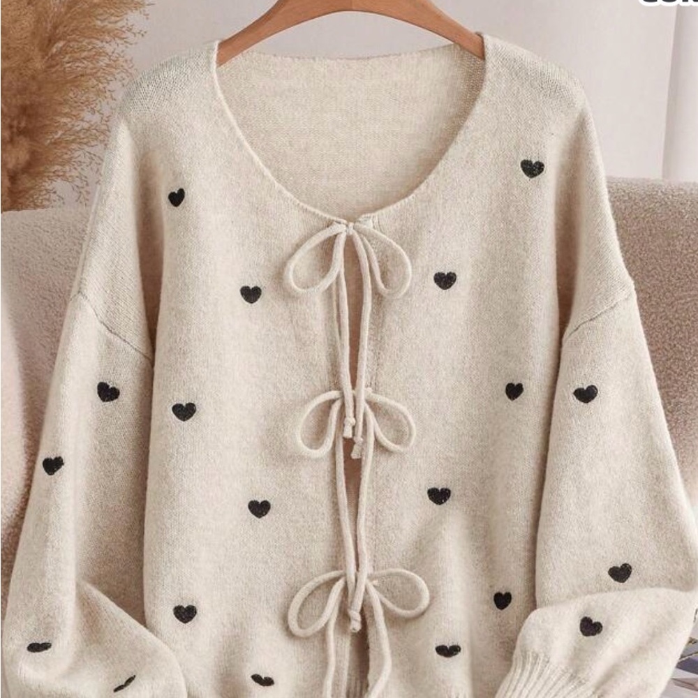 SHEIN Cream Cardigan with Black Heart Details